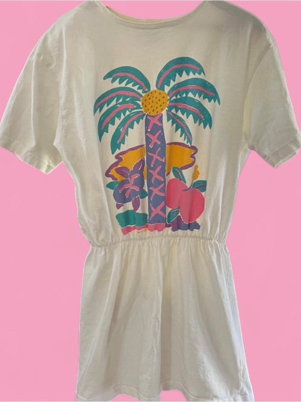 VTG 90s Ken Done Art to Wear Cotton Dress S Tropical Palm Graphic Short Sleeve